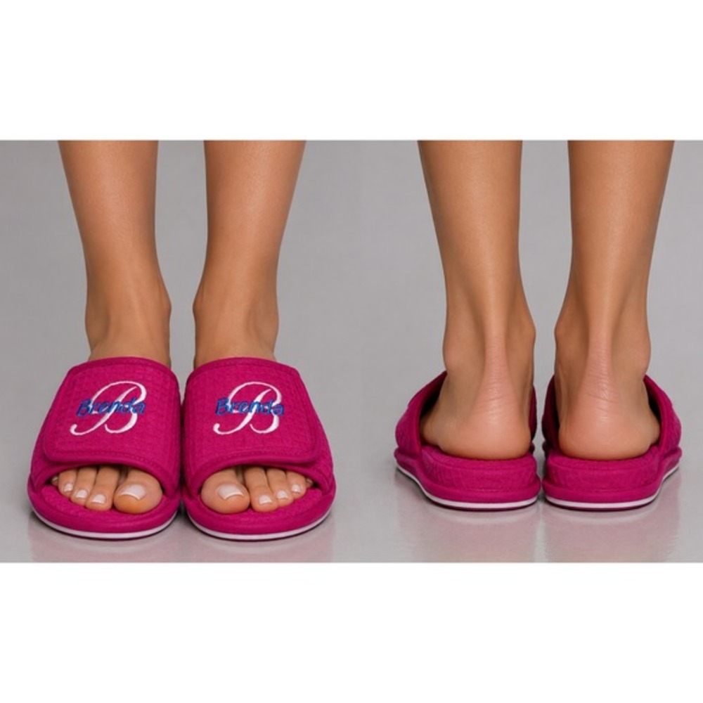 Terry Town Slippers Women L/XL Pink Brenda Embroidered‎ Waffle Knit Spa Slides